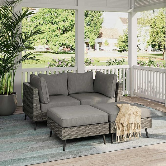LAUSAINT HOME Outdoor Patio Furniture, 4 Piece Outdoor Sectional Sofa PE Rattan Wicker Patio Conversation Sets, All Weather Patio Furniture Set with Thick Cushions for Garden, Backyard(Grey)