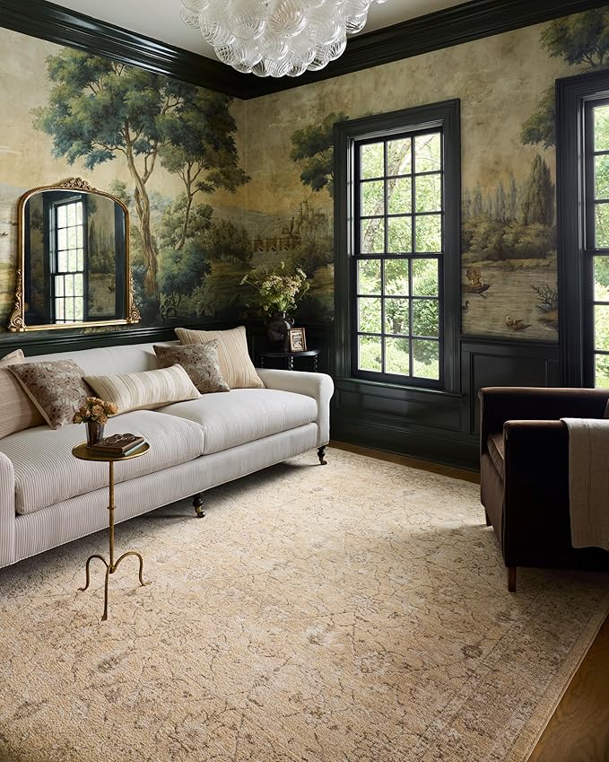 Loloi Chris Loves Julia Palma Collection PLM-10 Wheat/Bark 5'-3" x 7'-6" Fringe Area Rug Vintage Style Boho Living Room Bedroom Carpet