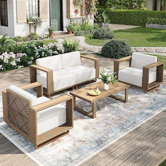 Outdoor Patio Furniture Set, 5 Piece Outdoor Rattan Wicker Sofa Couch, Conversation Sets with 2 Single Sofa, 2 Armchairs and Coffee Table for Deck Backyard Lawn
