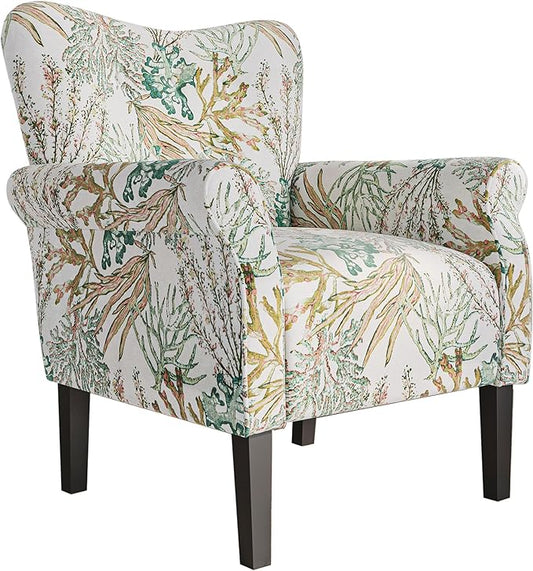 BELLEZE Modern Accent Chair for Living Room, High Back Linen Armchair with Wooden Legs, Upholstered Wingback Side Chair Padded Armrest Single Sofa for Living Room, Bedroom - Allston (Green Coral)