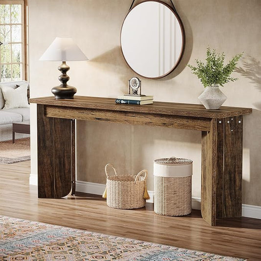 Tribesigns 70.9-Inch Extra Long Console Table, Farmhouse Sofa Console Table with Widened Tabletop, Entryway Accent Tables with Sturdy Double Pedestal for Living Room (Rustic Brown)