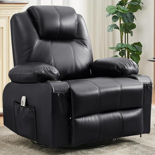 Oversized Swivel Rocker Recliner Sofa Chair with Heat and Massage, 360 Degree Swivel Single Sofa with Cup Holders and USB Port, Big Recliner Sofa Chair for Living Room(Leather, Smoky Black)