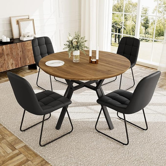 Extendable Round Dining Table Set for 4 People, 43.3"-59.1" Extendable Kitchen Table with 4 Upholstered Chairs, Space Saving for Kitchen Dining Room (Walnut Table+4 U-Shaped Black Chairs)