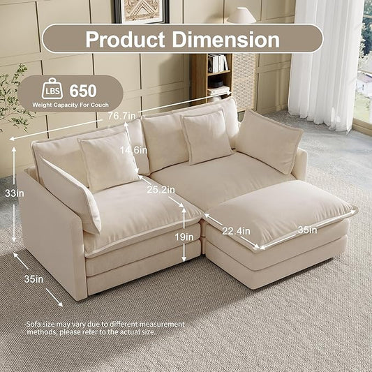 Modular Sectional Sofa, 76.7 Inch L-Shaped Cloud Sofa with Deep Seat Comfortable Chenille Sofa with Cushion Double Sectional Sofa for Living Room Apartment,Light Coffee