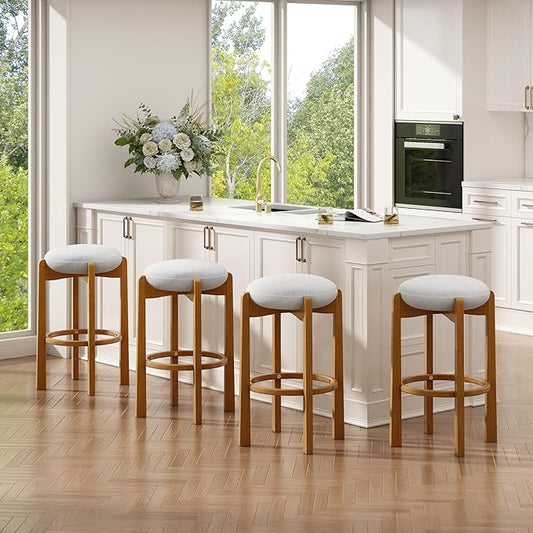Christopher Knight Home Lilac Modern Counter Height Bar Stools Set of 4, Fabric Round Stool Chair for Kitchen Island, Wooden Dining Room Chair, Upholstered Counter Stool with Footrest, Walnut+Ivory