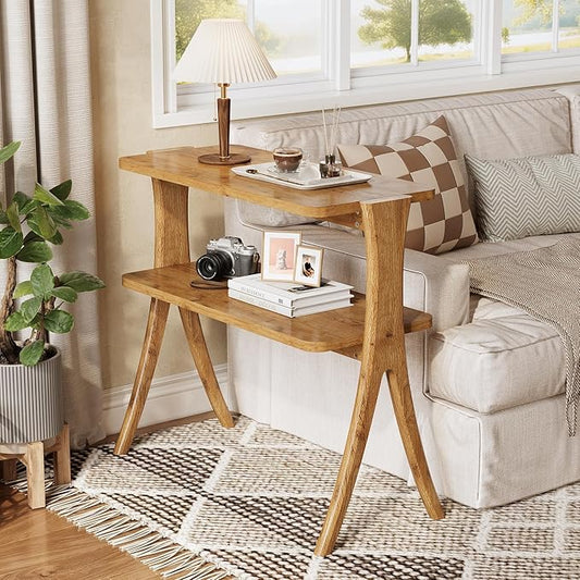 LITTLE TREE Narrow Side Table Set of 2, Small Side Table, 2-Tier Farmhouse End Table with Solid Wood Legs, Space-Saver for Living Room, Bedroom, Entryway (Light Walnut)