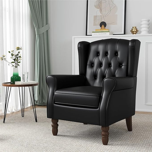 High Back Accent Chair, Faux Leather High Wingback Chair for Living Room, Button-Tufted Upholstered Armchair with Solid Wood Legs, Comfy Single Sofa Reading Chair for Bedroom, Black
