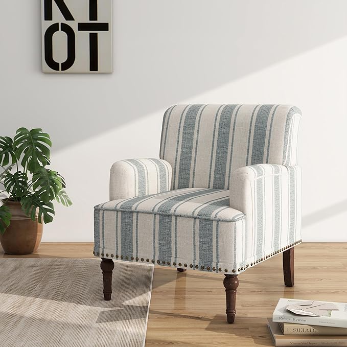 Accent Chair, Mid Century Modern Comfy Armchair for Living Room, Linen Fabric Single Sofa Lounge for Reading Bedroom Apartment Waiting Room with Wood Legs (Blue Stripe, Set of 1)