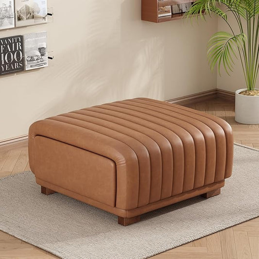 Christopher Knight Home Reyno Upholstered Ottoman with Storage for Living Room, Faux Leather Storage Ottoman Foot Rest with Side Drawers, Modern Square Coffee Table with Wooden Frame, Brown