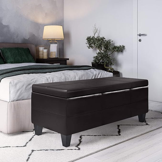 SIMPLIHOME Afton 48 inch Wide Contemporary Rectangle Storage Ottoman Bench in Tanners Brown Vegan Faux Leather, Assembled, For the Living Room and Bedroom
