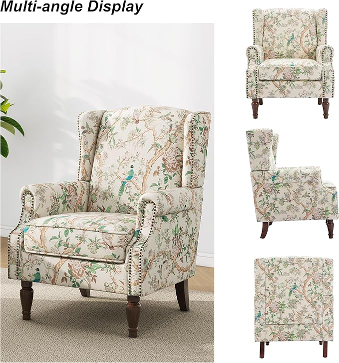 Accent Chair, Upholstered High Back Floral Armchair with Nailhead Trim & Wood Legs, Comfy Wingback Reading Single Sofa Chair