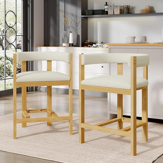 Christopher Knight Home Set of 2 Rylan Modern Fabric Upholstered Dining Room Counter Height Barstools,Kitchen Island Rubberwood Counter Stool,Armchair with Footrest+Curved Backrest,Beige+Natural