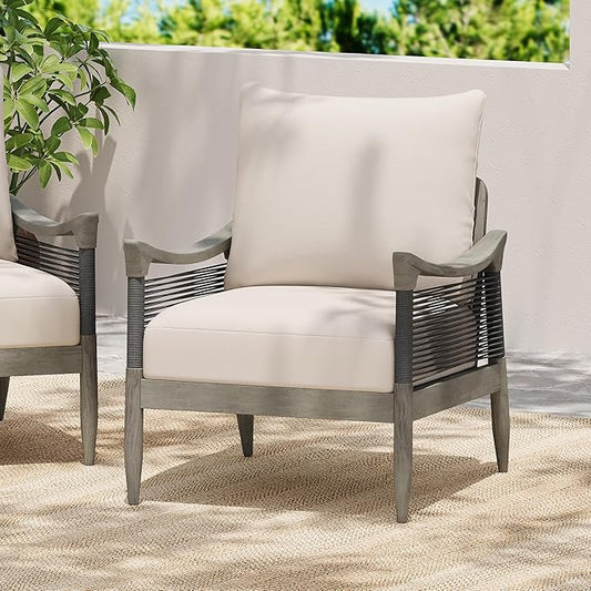 Christopher Knight Home Havets Patio Acacia Wood Club Chair with Woven Rope, Comfortable Outdoor Armchair, Water-Repellent Thick Cushion Deep Seating for Porch, Garden, Backyard, Balcony, Gray+Beige