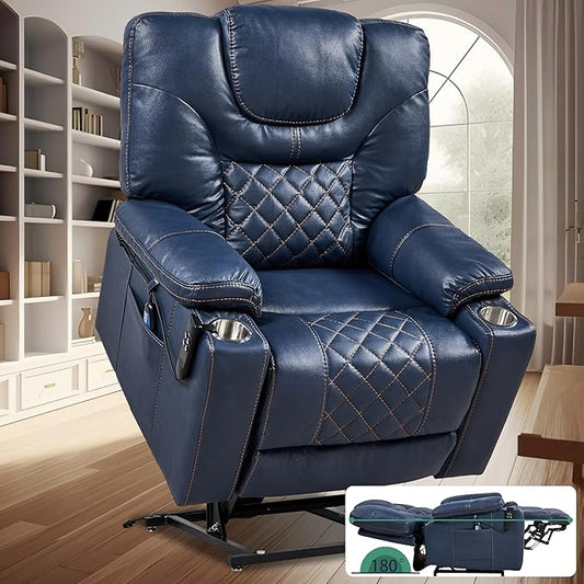 Lift Chair for Elderly: 9988 High Density Foam Lay Flat Heat and Massage, Reclining to 180, 2 Pockets Cup Holders, 2 Remote Controls, Dual OKIN Motors - Breathable Leather Navy Blue