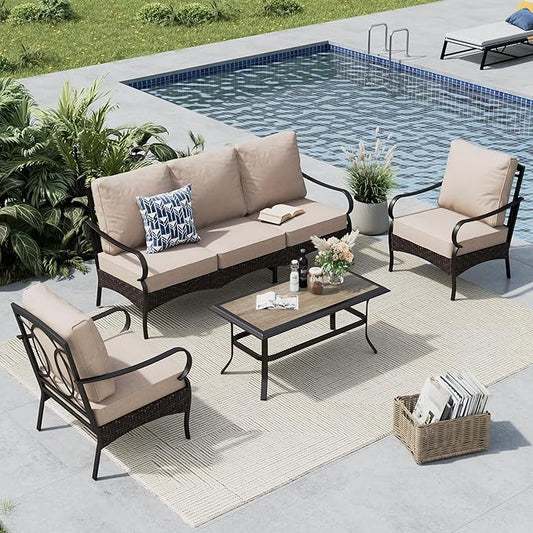 MFSTUDIO 4 Pieces Outdoor Patio Furniture Set, Metal Outdoor Conversation Set, Rattan Wicker Patio Sectional Sofa Set with 2 x Fixed Single Sofa, 3-Seat Sofa, 1 x Coffee Table, Beige