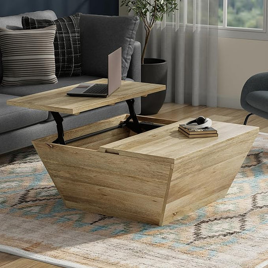 SIMPLIHOME Abba 36-inch Wide Solid Mango Modern Lift Top Square Coffee Table with Dual Lift Panels and 2 Storage Compartments in Natural for Living Room