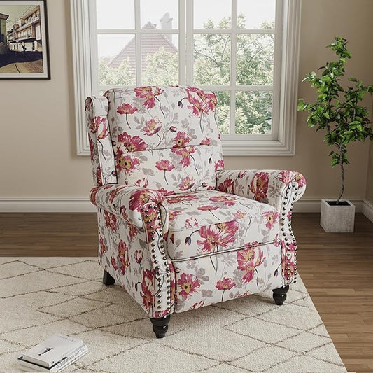 Pushback Recliner Chair, Upholstered Armchair Wingback Recliner Chair, Floral Fabric Push Back Recliner with Wood Legs, Rivet Trim Single Sofa Accent Chair for Living Room, Bedroom, Pattern White