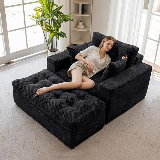 MAXYOYO Modular Sectional Chaise Lounge Sofa, Upholstered Lounge Chair with Ottoman, Comfy Couch with Layered Cushion, Tufted Upholstered Sleeper Chair for Living Room, No Assembly, Black