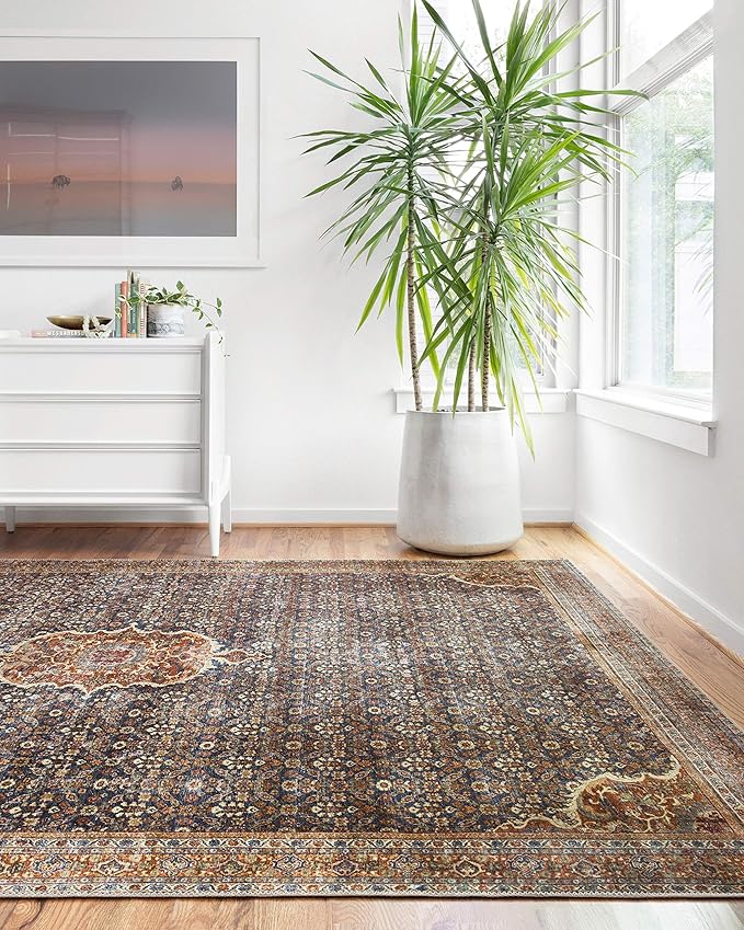 Loloi Layla Collection LAY-09 Cobalt Blue/Spice 9'-0" x 12'-0" .13" Thick Area Rug, Soft, Durable, Vintage Inspired, Distressed, Low Pile, Non-Shedding, Easy Clean, Printed, Living Room Rug