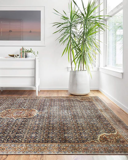 Loloi Layla Collection LAY-09 Cobalt Blue/Spice 9'-0" x 12'-0" .13" Thick Area Rug, Soft, Durable, Vintage Inspired, Distressed, Low Pile, Non-Shedding, Easy Clean, Printed, Living Room Rug