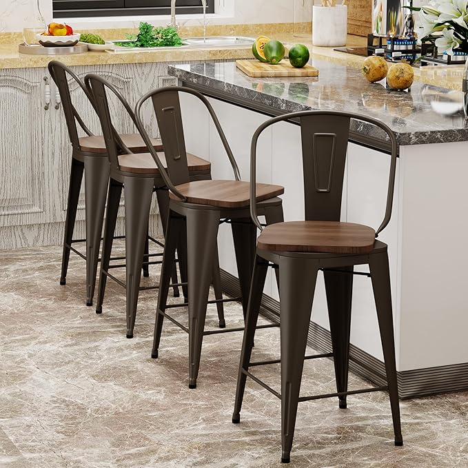 Aklaus Swivel Metal Bar Stools with Backs Counter Stools Set of 4 Counter Height Stools High Back Bar Chairs 26 Inch Barstools Farmhouse Rusty