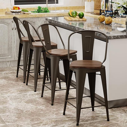 Aklaus Swivel Metal Bar Stools with Backs Counter Stools Set of 4 Counter Height Stools High Back Bar Chairs 24 Inch BarStools Farmhouse Rusty Barstools