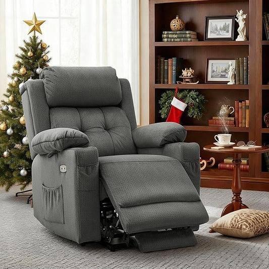 MCombo Medium Triple Motor Power Lift Recliner Chair with Massage and Heat for Elderly People, Adjustable Headrest, Infinite Position, USB Ports, Fabric 7661 (Grey, Medium)