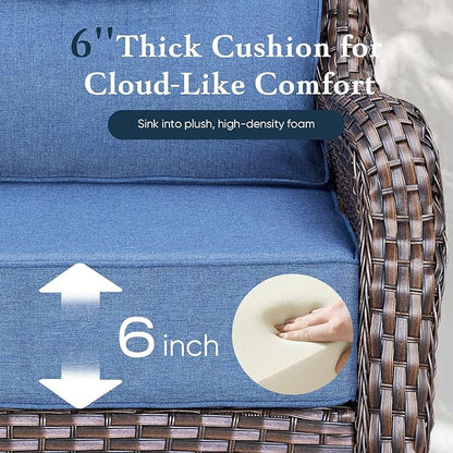 Belord Luxury 6" Thick Cushioned 7 Pieces Patio Furniture Set with Outdoor Couch, Wicker Outdoor Conversation Set with High Back Swivel Rocker Chairs for Deck Porch Yard and Poolside - Brown+Blue