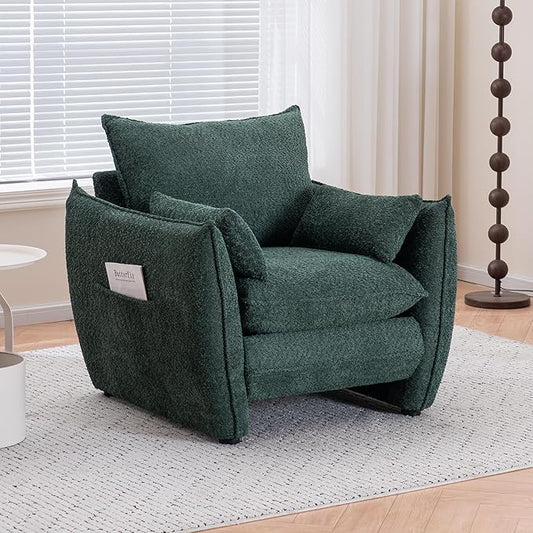 Chenille Oversized Accent Chairs, Modern Oversized Armchair with Removable Pillow, Comfy Living Room Chair with Side Pocket Storage for Bedroom, Office, Green