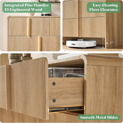 AMERLIFE 63" Fluted 7 Drawer Dresser, Long Modern Chest of Storage Drawers with Pine Handles, Rounded Corners & Anti-Tip Design, Wood Closet Organizer for Bedroom, Living Room, Nursery, Natural Oak