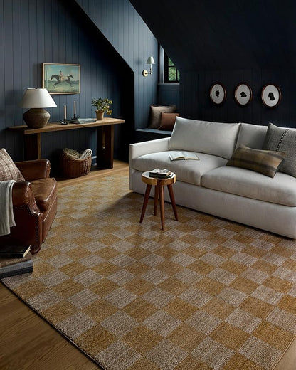 Loloi Chris Loves Julia Calvin Collection CLV-01 Apricot/Ivory 9'-6" x 12'-6" Area Rug Checkered Neutral Soft Living Room Bedroom Carpet