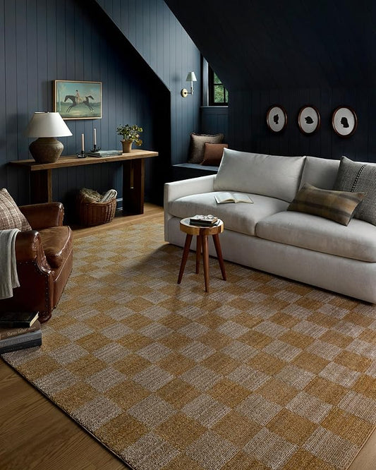 Loloi Chris Loves Julia Calvin Collection CLV-01 Apricot/Ivory 3'-6" x 5'-6" Accent Rug Checkered Neutral Soft Living Room Bedroom Carpet