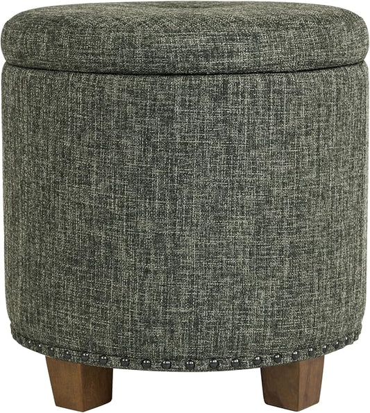 Homepop Home Decor | Upholstered Round Storage Ottoman with Nailheads| Ottoman with Storage for Living Room & Bedroom, Green Clover Fabric