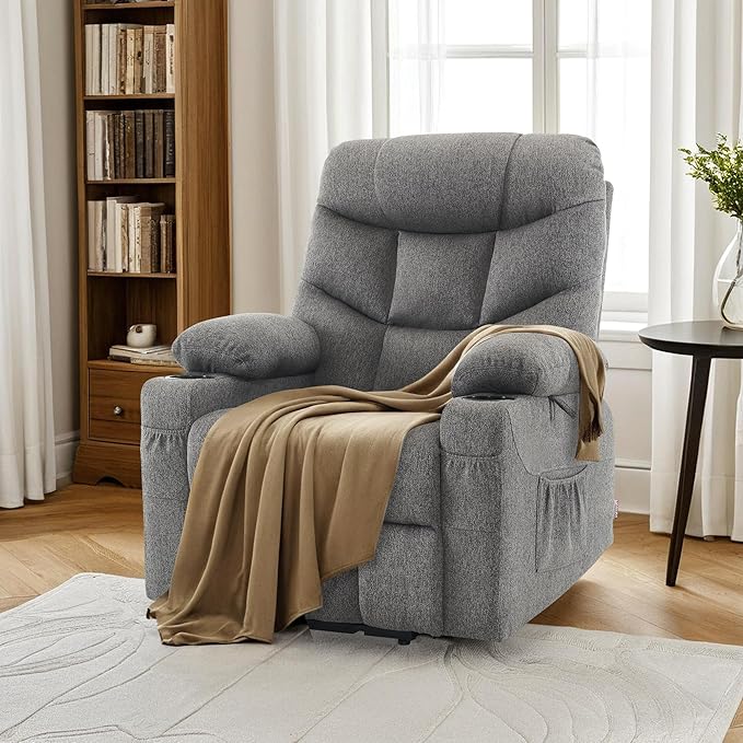 MCombo Power Lift Recliner Chair with Extended Footrest for Elderly People, Fabric 7287 (Dark Gray, Medium)