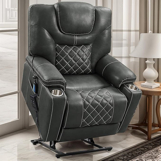 Power Lift Recliner for Seniors: 9988 High Density Foam Lift Chair With Heat and Massage, Reclining To 180, 2 Pockets Cup Holders, 2 Remote Controls, Dual OKIN Motors - Breathable Leather Gray