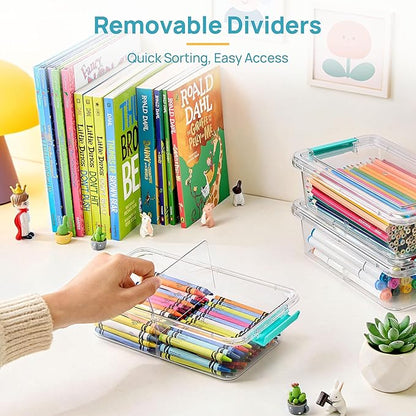 Vtopmart 4 Pack Clear Pencil Box, Plastic Pencil Holder with Removable Divider for Pen Organizer, Stackable Containers with Lid for Pen, Art Craft, Sticker, Scrapbook & Office Supplies