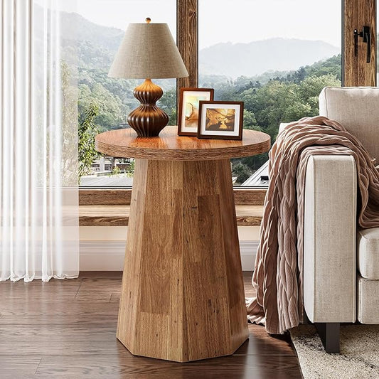 Tribesigns Farmhouse Round End Table, Wooden Couch Side Table with Octagonal Base, Rustic Brown Nightstand Pedestal Accent Furniture for Living Room, Bedroom (1, Walnut)