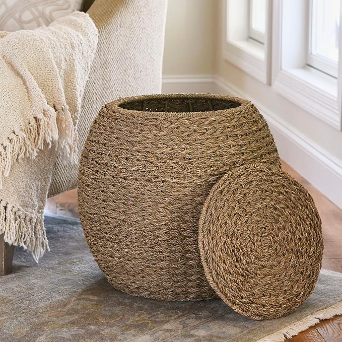 Household Essentials Handwoven Seagrass Barrel Wicker Storage Basket Side Table, Natural