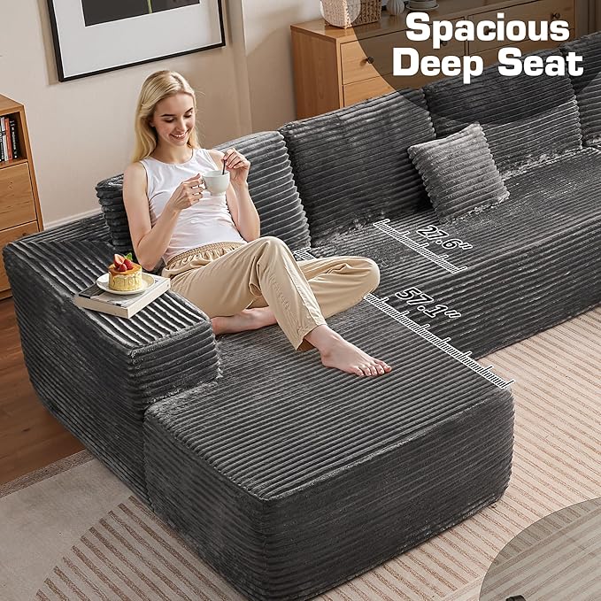 Oversized U Shaped Boneless Sectional Cloud Couch, 133.1'' Modular Sofa with Chaise, Deep Seat Plush Corduroy Couches for Living Room, No Assembly Required,Plush Corduroy,Gray