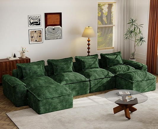 Hobestluk 152" Cloud Modular Sectional Couch 4-Seater Sofa with Ottomans U Shaped Couch Deep Seat Sofa with Removable Cover for Living Room (Green, 4-Seater Sofa with Two Ottomans)