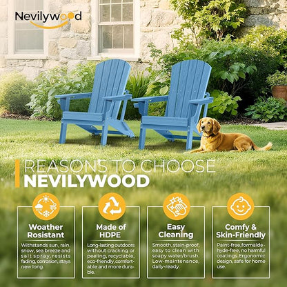 nevilywood Folding Adirondack Chair with Cup Holder Set of 2,All-Weather Adirondack Chair,Patio Chair,HDPE-Wooden Textured Lawn Chair- Light Blue