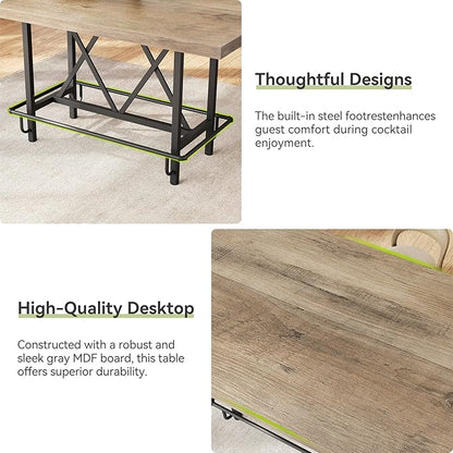 LITTLE TREE 63-Inch Industrial Bar Table with Metal Footrest, Counter Height Pub Table for Kitchen, Home Bar & Entertaining (Rustic Gray)