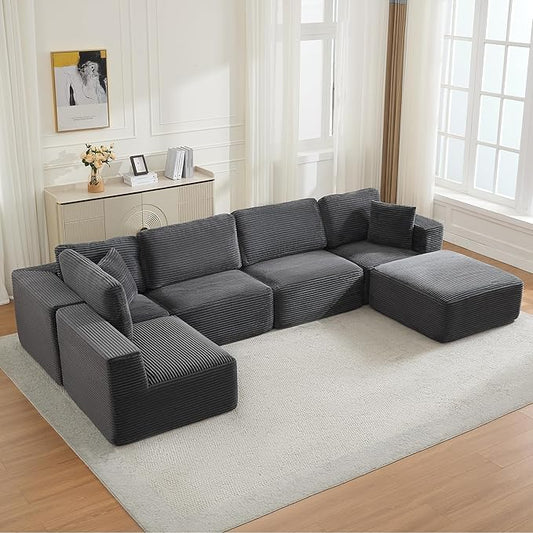 Modular Sectional Cloud Couch for Living Room,Modern Boneless Couche Set with Plush Corduroy,Comfy Floor Sofa with Memory Foam,Stupendous U Shaped Sofa with Ottoman,No Assembly Required,Grey