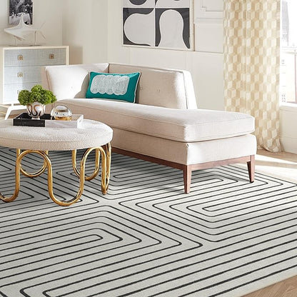 RUGGABLE x Jonathan Adler Machine Washable Modern Area Rug – Labyrinth Black/Ivory 9x12, Stain-Resistant, Non-Slip – Large Rugs for Living Room, Bedroom, Hallway, Entryway & Office–with Cushioned Pad
