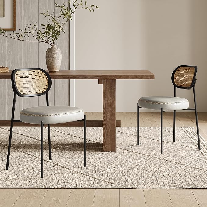 Rattan Dining Chairs Set of 2, Beige Leather Upholstered Dining Chairs with Rattan Cane Back, Mid Century Modern Dining Room Chairs with Black Metal Legs & D-Shaped Thicken Cushion, Beige