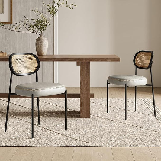 Rattan Dining Chairs Set of 2, Beige Leather Upholstered Dining Chairs with Rattan Cane Back, Mid Century Modern Dining Room Chairs with Black Metal Legs & D-Shaped Thicken Cushion, Beige