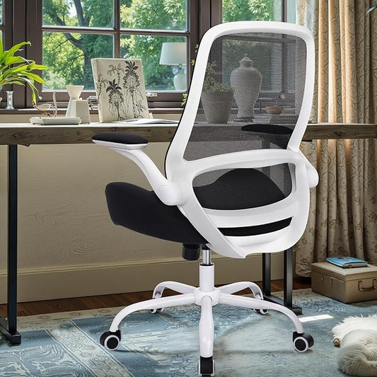 HYLONE Heavy Duty Office Chair, 5" Thickened Seat Ergonomic Desk Chair with Adjustable Armrests, Home Office Computer Chairs for Long Hours Mesh Executive Chair(White Base & Black)