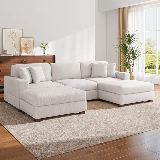 Modular Sectional Couches for Living Room, 118" Modern Upholstered Sofa Couche with Ottoman for Living Room Bedroom, Beige
