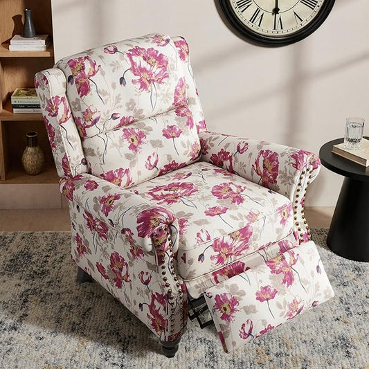 Lumibee Recliner Chair, Wingback Recliner Chair for Living Room, Modern Upholstered Faux Leather Pushback Armchair with Adjustable Backrest & Footrest for Small Spaces,Bedroom-Pattern White