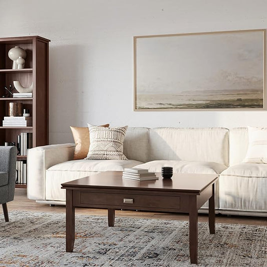 SIMPLIHOME Artisan Square Coffee Table - 36 inch Wide Solid Wood Transitional Cocktail Table in Russet Brown, Classic Living Room Table with Slatted Open Shelf and Contemporary Framed Top Design